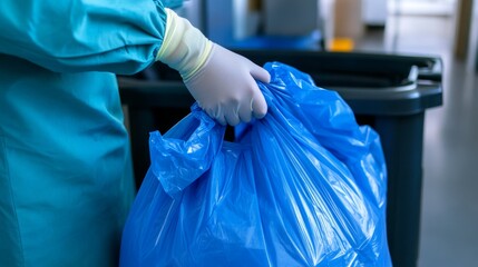 Healthcare worker collects waste in a blue plastic bag while wearing gloves in a facility
