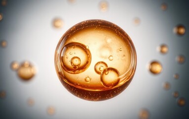 Close-up view of transparent golden spheres with smaller bubbles inside floating on a blurred light background