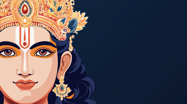 Banner with Elegant Face of Lord Murugan Illustration with placed on the Left Side, against Dark Blue Plain Background with Empty Space for Text
