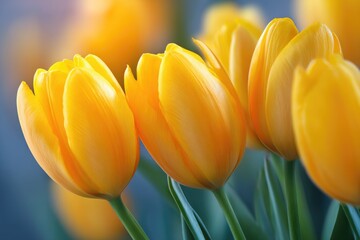 Naklejka premium Close-up view of three vibrant yellow tulips in soft focus.