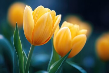 Naklejka premium Two vibrant yellow tulips in soft focus, highlighted by natural light.