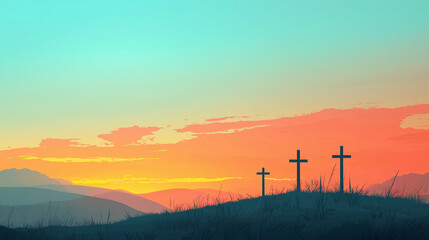 Easter Crosses Silhouette on Hill During Sunrise with Orange and Blue Gradient Sky Background, Religious Christian Banner with Copy Space for Inspirational Text or Message