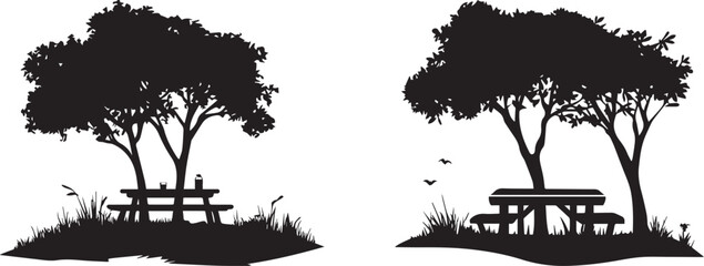 Obraz premium Silhouette of Picnic Tables Under Trees in Park Peaceful Outdoor Nature and Leisure Scene