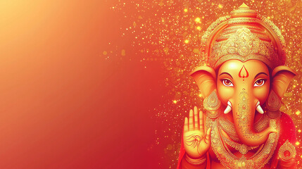 Elegant Vinayaka Face Banner Design with Red to Gold Gradient Background, Mystical Light Effect, Simple Yet Meaningful Art for Spiritual and Festive Occasions
