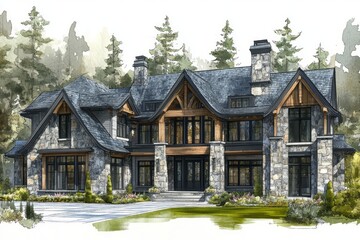 Elegant, rustic-style home design rendering.