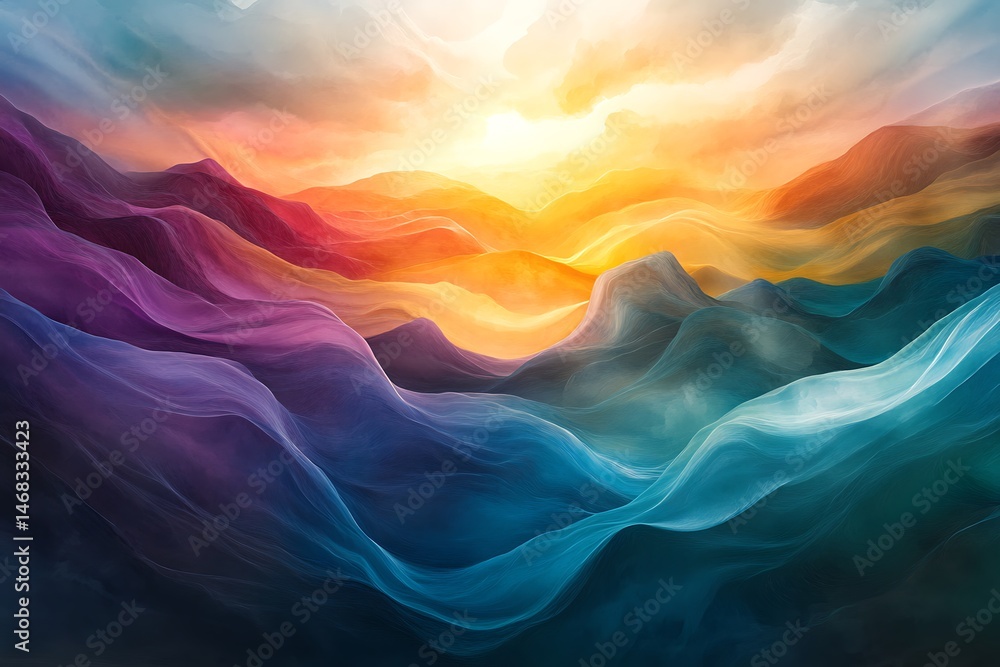 Poster gradient horizon of spectral mountain ranges glow under ethereal light, creating mesmerizing abstrac