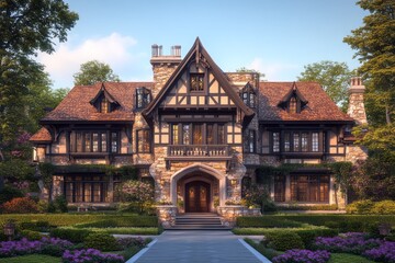 Obraz premium Majestic stone home with intricate architectural details.