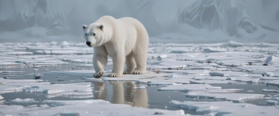 Ghostly white polar bear hunts on cracked ice, wild, frozen water, polar