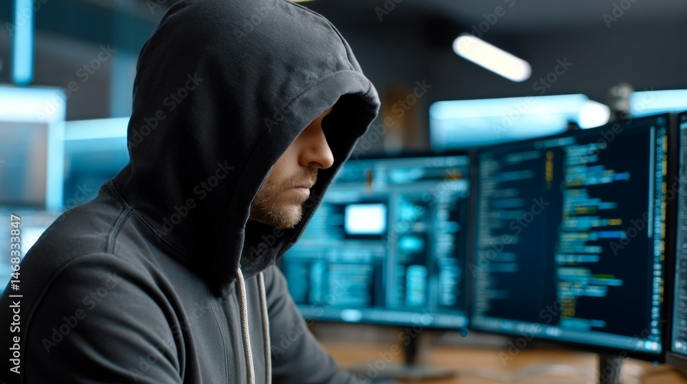 Aufkleber caucasian male hacker in hood programming in dark room with multiple screens