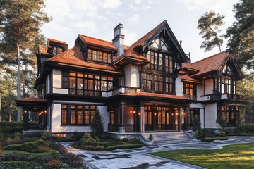 Obraz premium Grand, historic estate residence in a verdant setting.