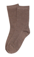 Pair of brown socks isolated on white, top view