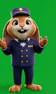 Rabbit hotel worker cheerfully stands, greeting guests