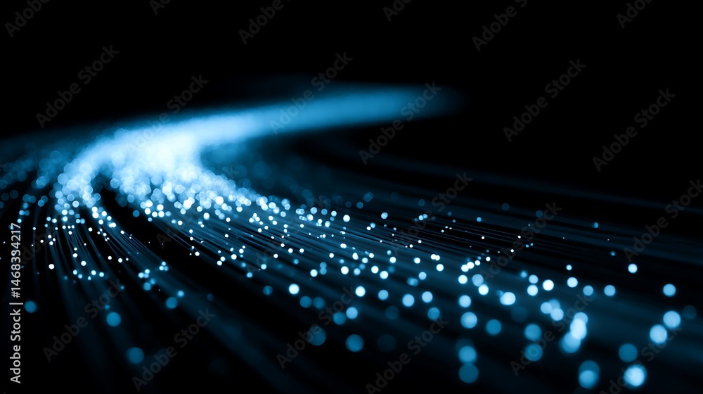 Poster A blue light trail with glowing particles on black background, representing fast digital data transfer in the internet and network connection technology concept, futuristic speed of information