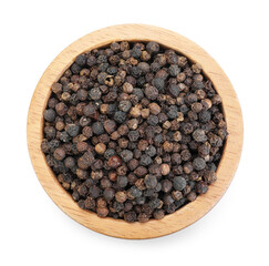 Aromatic peppercorns in bowl isolated on white, top view