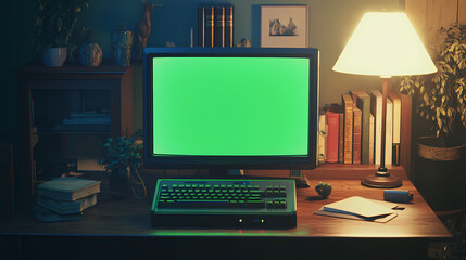 Vintage computer setup on wooden desk, dim lighting, green screen, mechanical keyboard, books, and desk lamp. [Mirrored Realities] | Backward Sun | reversed light. Illustration