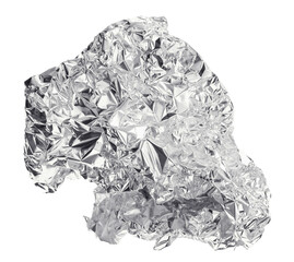Piece of crumpled shiny aluminum foil isolated on white, top view