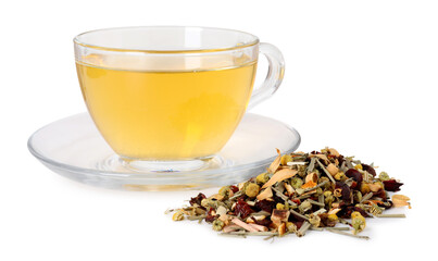 Delicious herbal tea in glass cup and dry leaves isolated on white