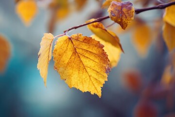Obraz premium Close-up view of vibrant autumn leaves on a branch.