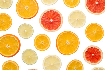 Obraz premium Citrus Slice Trio – Transparent PNG of Grapefruit, Lemon & Orange on White