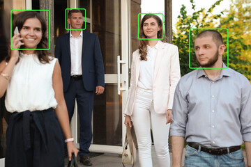 Facial recognition system identifying people on city street, selective focus