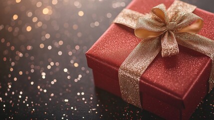 Obraz premium Red gift box with golden ribbon, festive bokeh background
