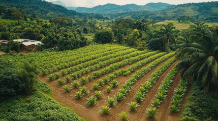 Naklejka premium Lush green banana plantation thriving in rural hillside landscape under cloudy sky