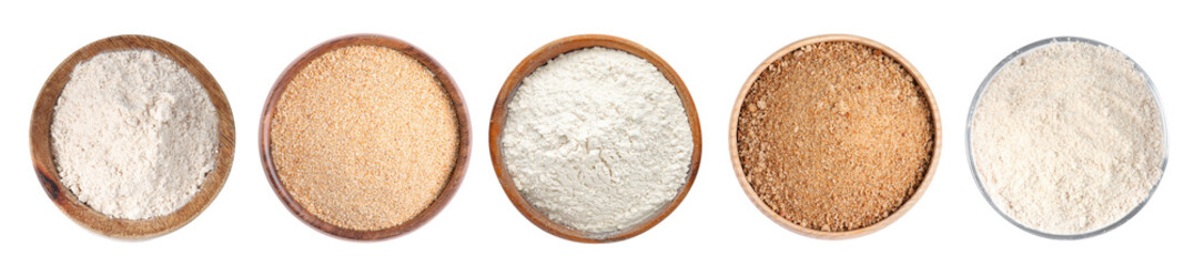 Different types of flour in bowls isolated on white, set. Top view