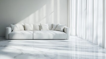 Modern living room with white sofa and natural light in a minimalist setting