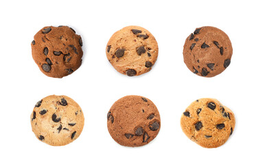 Yummy chocolate chip cookies isolated on white, set