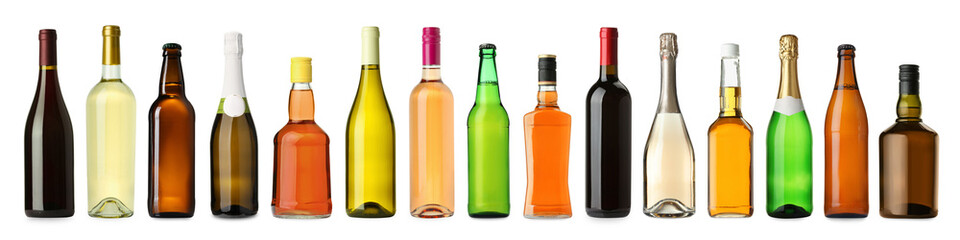 Bottles with different types of alcoholic drinks isolated on white, set