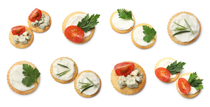 Delicious crackers with different toppings isolated on white, collage. Top view