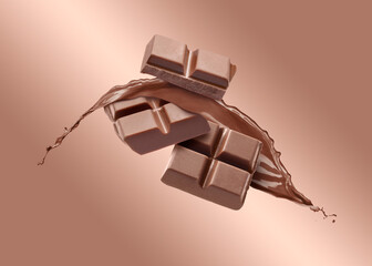 Chocolate pieces and splash of cocoa drink in air on pale brown gradient background