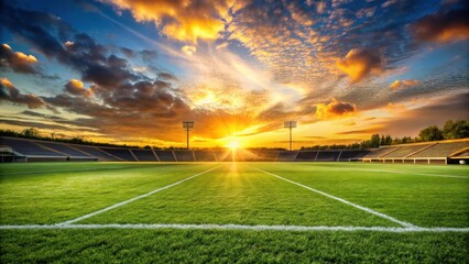 A panoramic view of a football field at sunset