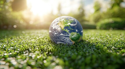Earth globe resting on vibrant green grass outdoors