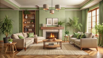 Fototapeta premium Cozy beige and green living room with wooden furniture