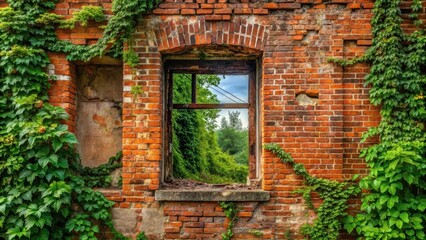 A single window of a crumbling red brick building with overgrown green plants and vines