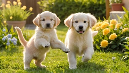 Playful Golden Retriever Puppies in Spring Garden