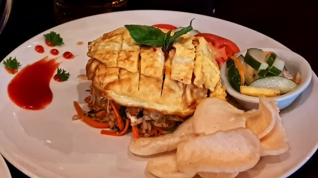 Close-up of Nasi Goreng, an Indonesian fried rice dish with sambal, egg, and krupuk in a restaurant