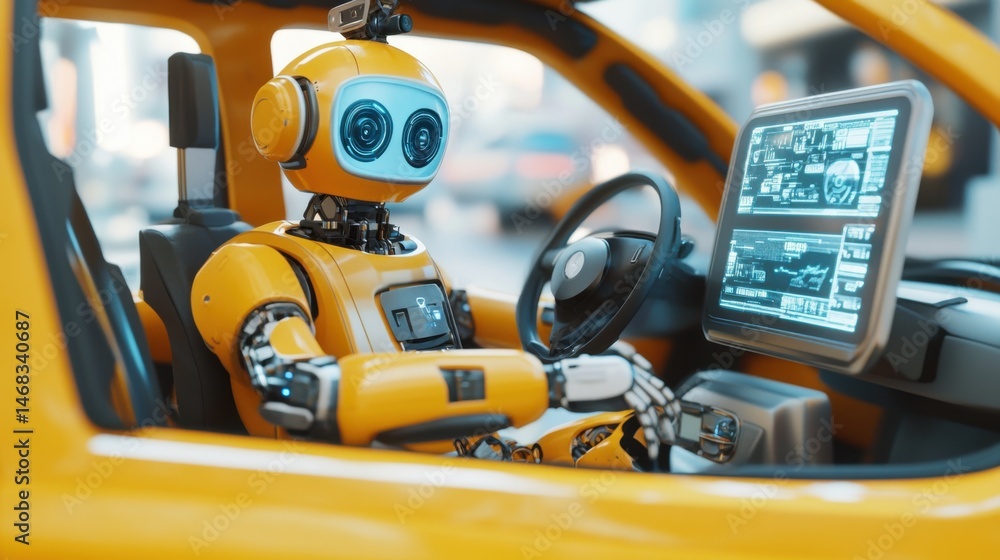 Poster futuristic autonomous vehicle concept featuring robot driver and advanced interface