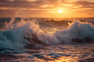 Fototapeta premium Powerful waves crashing at sunset over water.