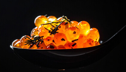 Gourmet caviar tasting experience upscale restaurant food photography dark setting close-up