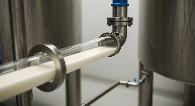 Milk Flowing Through Glass Pipe in Industrial Setting