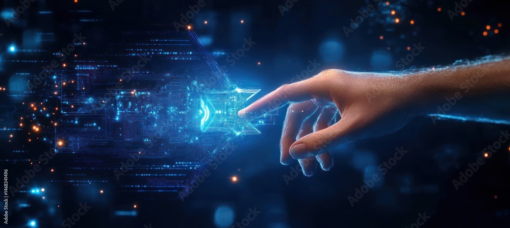 Poster human hand reaching out to touch a glowing digital interface with blue holographic circuit patterns 