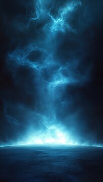 Mystical blue lightning illuminating a dark and foggy landscape creating an eerie and powerful atmosphere