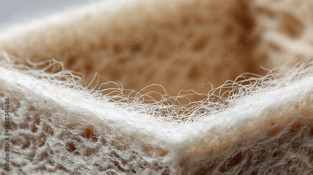 Poster a close, up view of a biodegradable mycelium box showcasing its fibrous texture and natural packagin