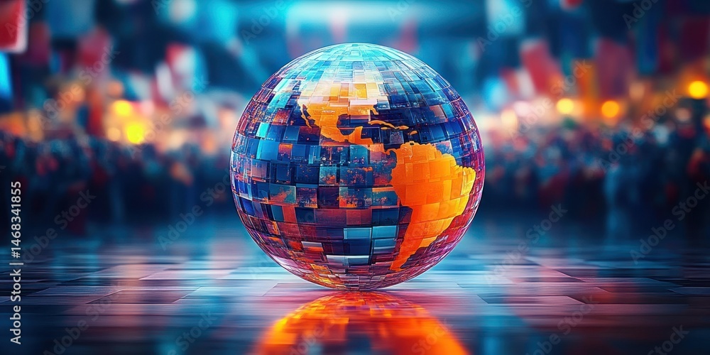 Aufkleber futuristic digital globe with illuminated map of americas in a vibrant blue and orange color scheme 