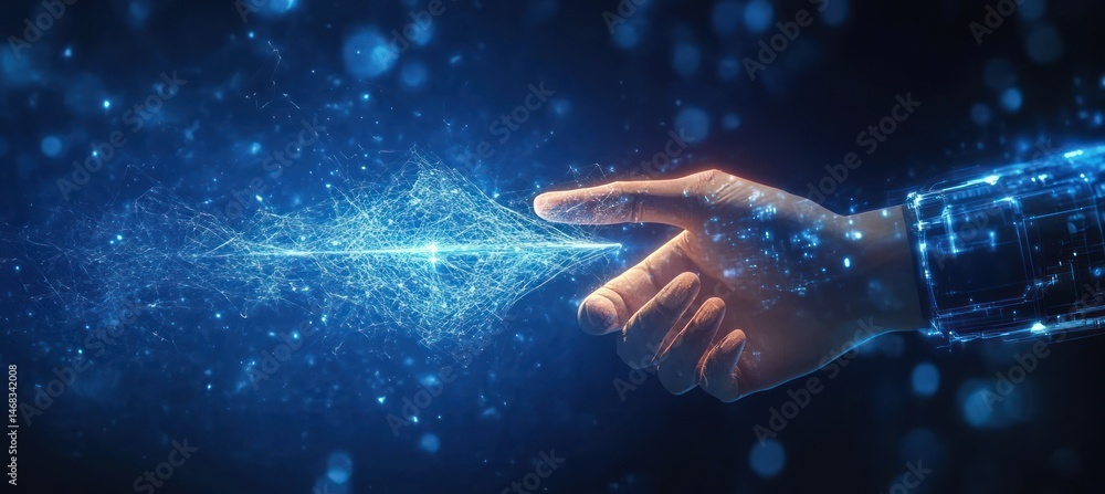 Aufkleber human hand reaching out to connect with glowing digital network particles symbolizing technology and