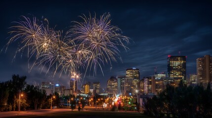 A city with fireworks at clean sky, at night