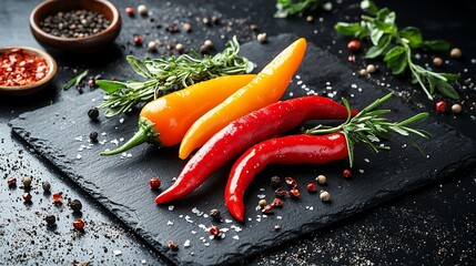 Vibrant red and orange chili peppers with herbs and spices on dark slate