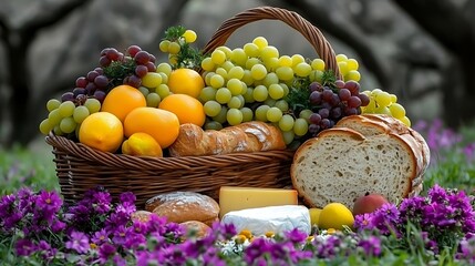 Picnic basket, fruit, bread, cheese, flowers, outdoors